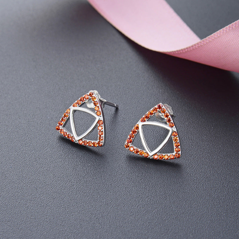 925 Sterling Silver Triangle Stud Earrings - Electroplated Orange/White/Light Yellow CZ Korean Style Geometric Earrings for Women with Plastic Ear Stoppers