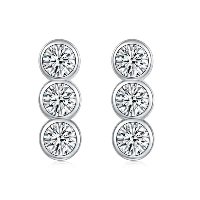925 Sterling Silver Triple Zircon Stud Earrings – Elegant Beaded Row Design
