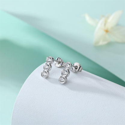 925 Sterling Silver Triple Zircon Stud Earrings – Elegant Beaded Row Design