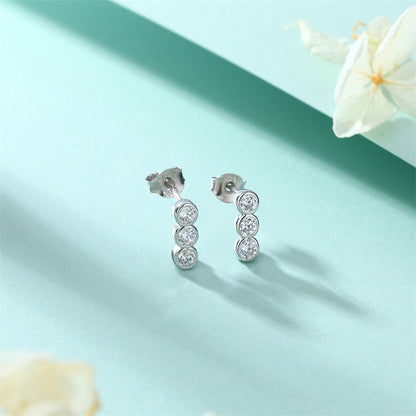 925 Sterling Silver Triple Zircon Stud Earrings – Elegant Beaded Row Design