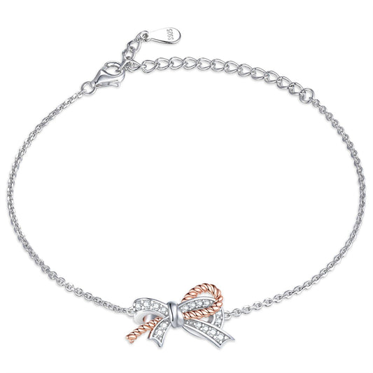 925 Sterling Silver Twist Bow Bracelet - Elegant Pavé Zirconia Jewelry