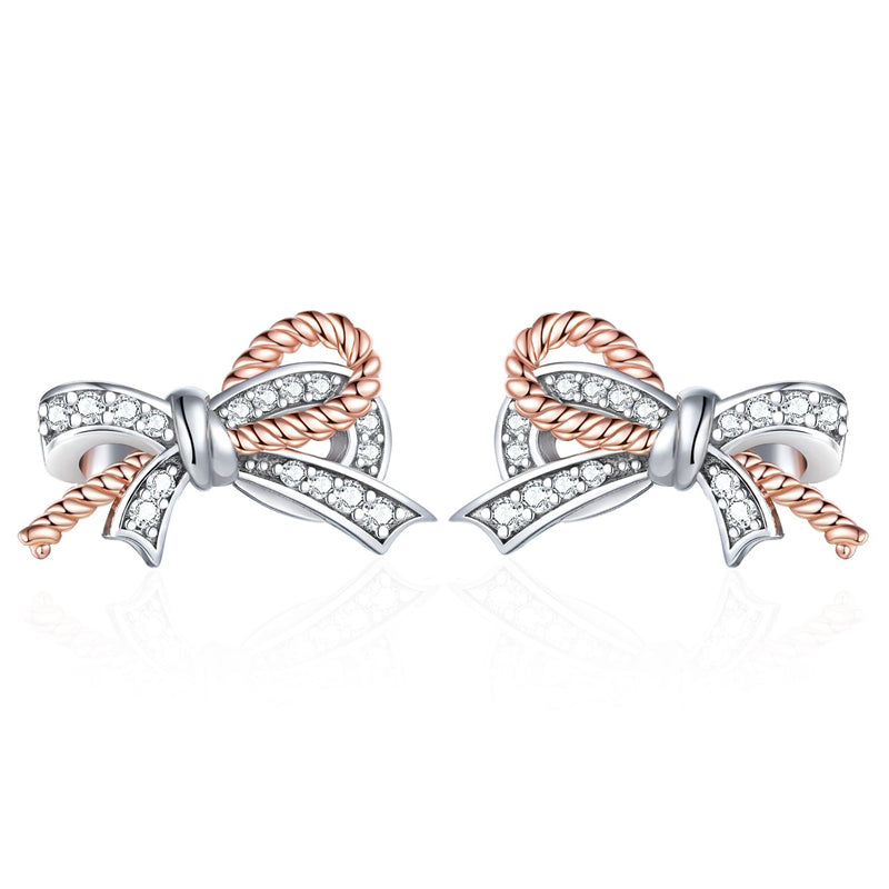 925 Sterling Silver Twist Bow Earrings for Women Elegant Zircon Accented Stud Earrings White Gold Plated