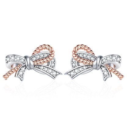 925 Sterling Silver Twist Bow Earrings for Women Elegant Zircon Accented Stud Earrings White Gold Plated