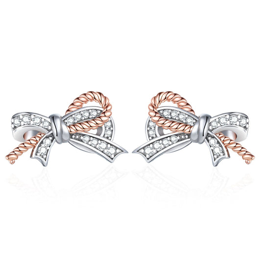 925 Sterling Silver Twist Bow Earrings for Women Elegant Zircon Accented Stud Earrings White Gold Plated