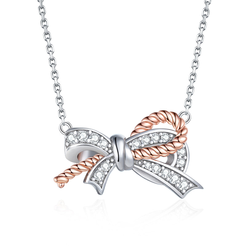 925 Sterling Silver Twisted Bow Pendant Necklace - Elegant Braided Collarbone Chain