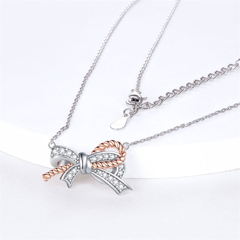 925 Sterling Silver Twisted Bow Pendant Necklace - Elegant Braided Collarbone Chain