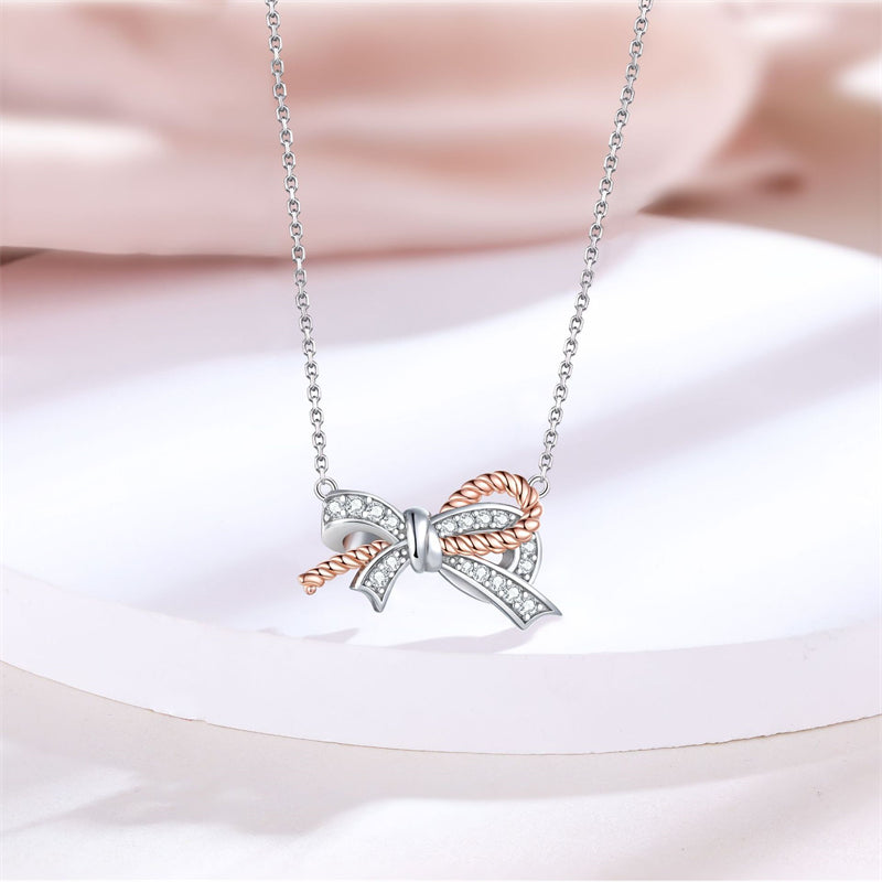 925 Sterling Silver Twisted Bow Pendant Necklace - Elegant Braided Collarbone Chain