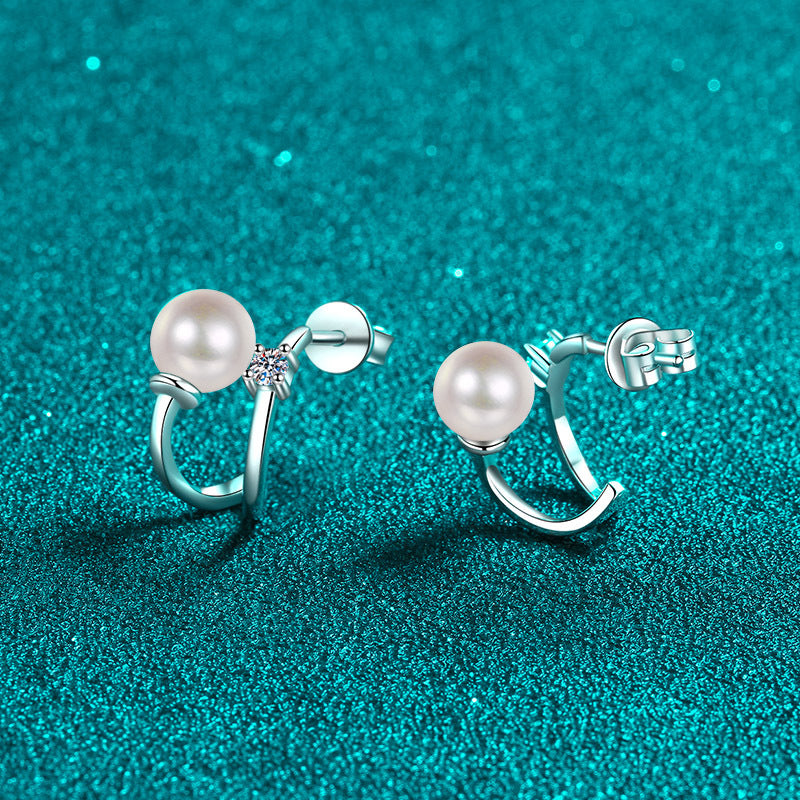 925 Sterling Silver U-Shaped Huggie Hoops - 0.06ct Moissanite & 6mm Pearls with Platinum Plating