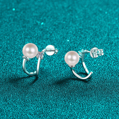 925 Sterling Silver U-Shaped Huggie Hoops - 0.06ct Moissanite & 6mm Pearls with Platinum Plating