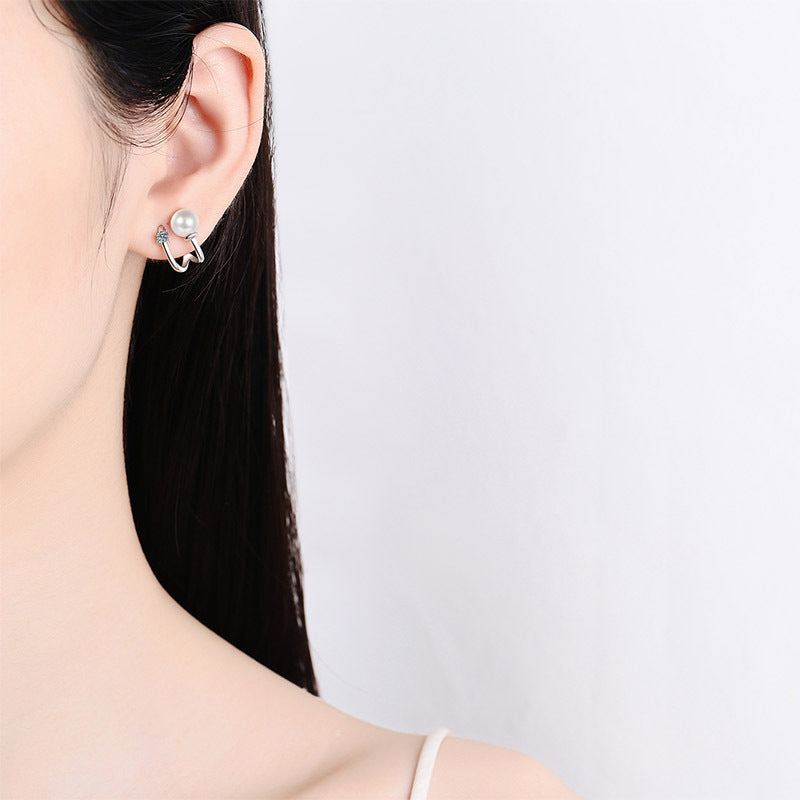 925 Sterling Silver U-Shaped Huggie Hoops - 0.06ct Moissanite & 6mm Pearls with Platinum Plating