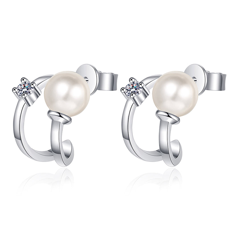 925 Sterling Silver U-Shaped Huggie Hoops - 0.06ct Moissanite & 6mm Pearls with Platinum Plating