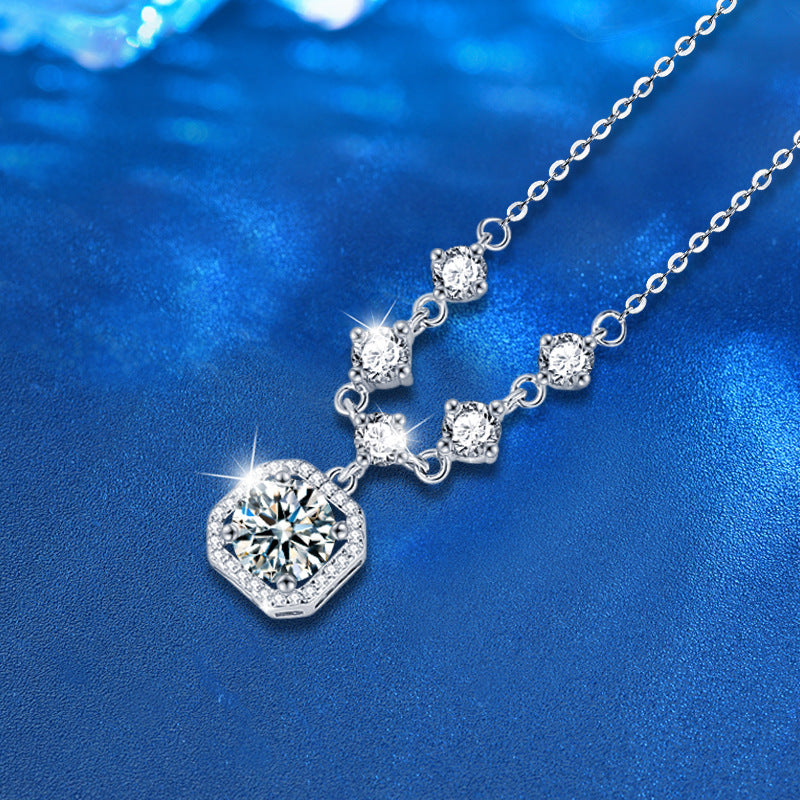 925 Sterling Silver U-Shaped Pendant Multi-Layer Necklace with 2ct Moissanite and Fringe Cross Chain Women's Rhodium Plated Luxury Jewelry