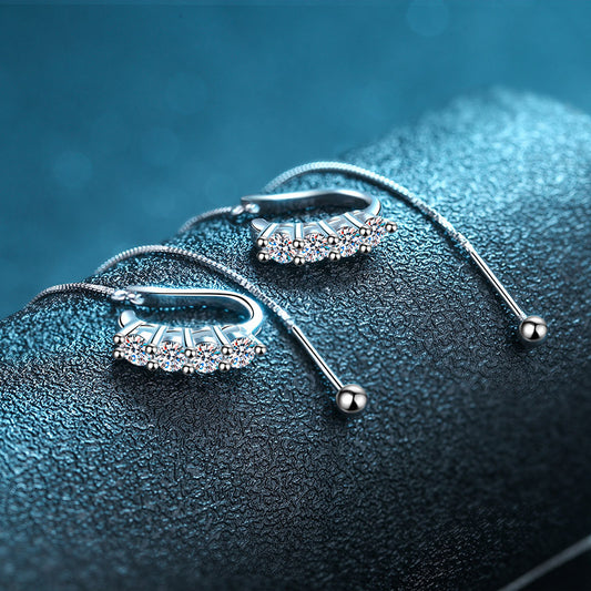 925 Sterling Silver U-Shaped Threader Earrings with 0.8ct Moissanite – Secure & Elegant Camellia & Tree Design