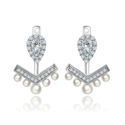 925 Sterling Silver V-Shape Pearl Earrings – Elegant Fringe Zircon & Shell Pearl Drops
