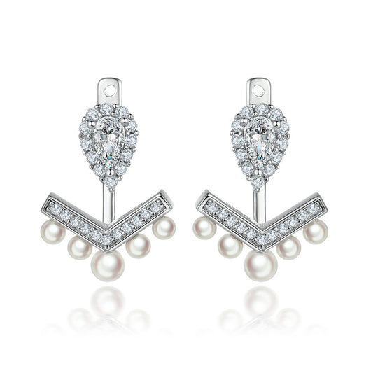 925 Sterling Silver V-Shape Pearl Earrings – Elegant Fringe Zircon & Shell Pearl Drops