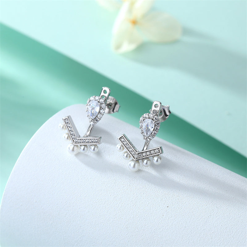 925 Sterling Silver V-Shape Pearl Earrings – Elegant Fringe Zircon & Shell Pearl Drops