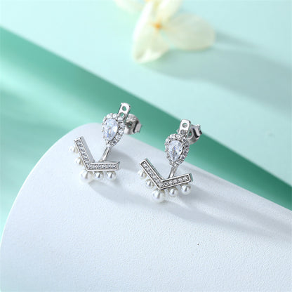 925 Sterling Silver V-Shape Pearl Earrings – Elegant Fringe Zircon & Shell Pearl Drops