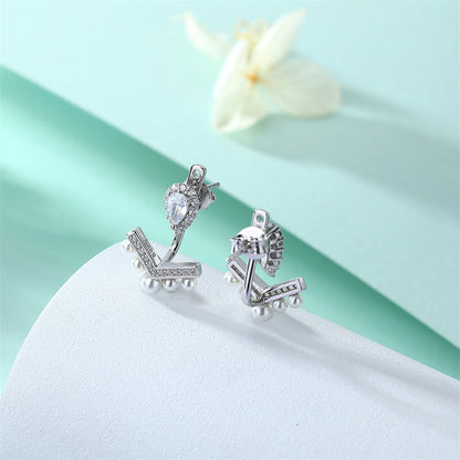 925 Sterling Silver V-Shape Pearl Earrings – Elegant Fringe Zircon & Shell Pearl Drops