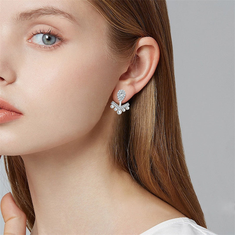 925 Sterling Silver V-Shape Pearl Earrings – Elegant Fringe Zircon & Shell Pearl Drops