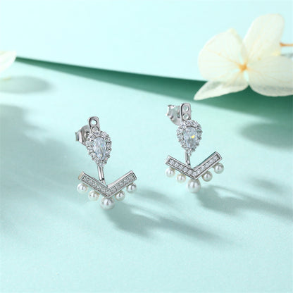 925 Sterling Silver V-Shape Pearl Earrings – Elegant Fringe Zircon & Shell Pearl Drops