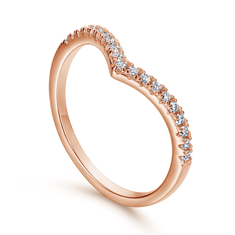 925 Sterling Silver V-Shape Stackable Ring for Women-Elegant White Gold/Rose Gold Plated, Half Diamond, Dainty Korean Style, Size 5-10