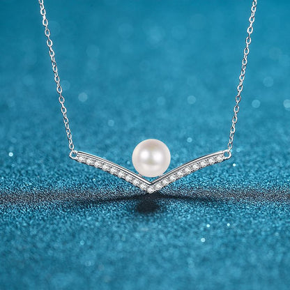 925 Sterling Silver V-Shaped Pendant Necklace - 0.285CT Moissanite & 8mm Freshwater Pearl Chain