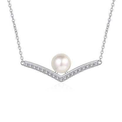 925 Sterling Silver V-Shaped Pendant Necklace - 0.285CT Moissanite & 8mm Freshwater Pearl Chain