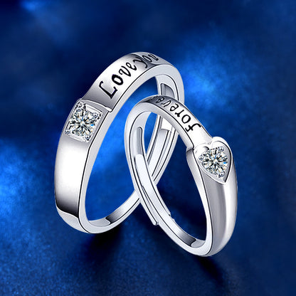 925 Sterling Silver Vintage Heart Couple Rings with Zircon White Gold Plated Romantic Love Bands for Couples
