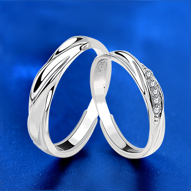 925 Sterling Silver Wave Couple Rings with Zircon - White Gold Plated Matching Bands (1.4g/1.6g)
