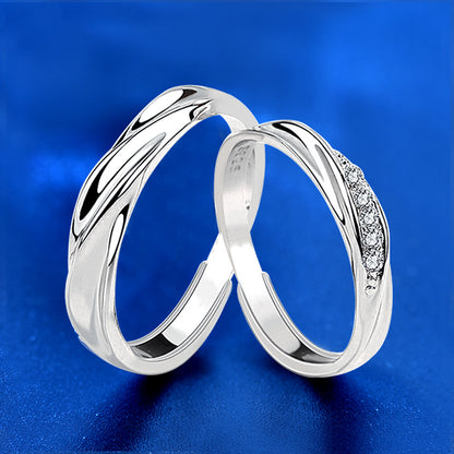 925 Sterling Silver Wave Couple Rings with Zircon - White Gold Plated Matching Bands (1.4g/1.6g)
