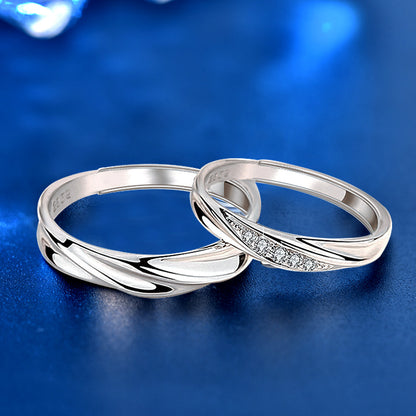 925 Sterling Silver Wave Couple Rings with Zircon - White Gold Plated Matching Bands (1.4g/1.6g)