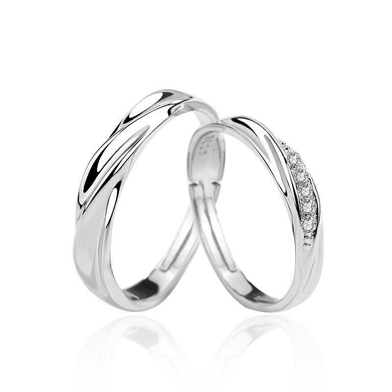 925 Sterling Silver Wave Couple Rings with Zircon - White Gold Plated Matching Bands (1.4g/1.6g)