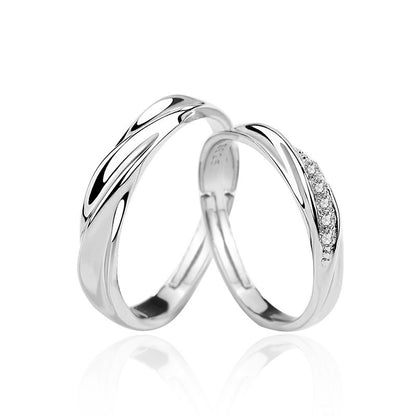 925 Sterling Silver Wave Couple Rings with Zircon - White Gold Plated Matching Bands (1.4g/1.6g)