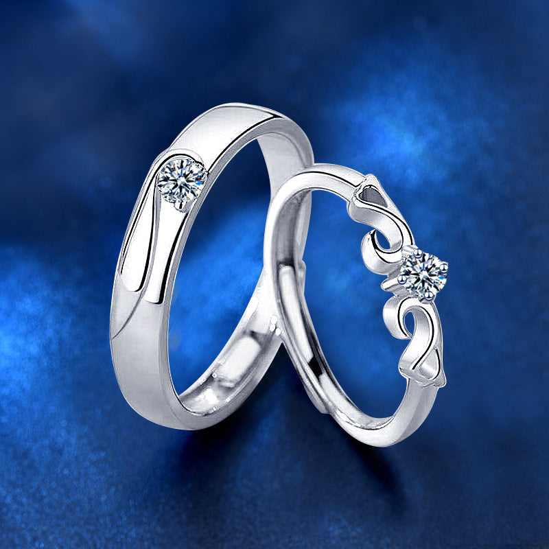 925 Sterling Silver Wing Couple Rings - His 0.3ct & Her 0.5ct Moissanite Adjustable Minimalist Bands in White Gold