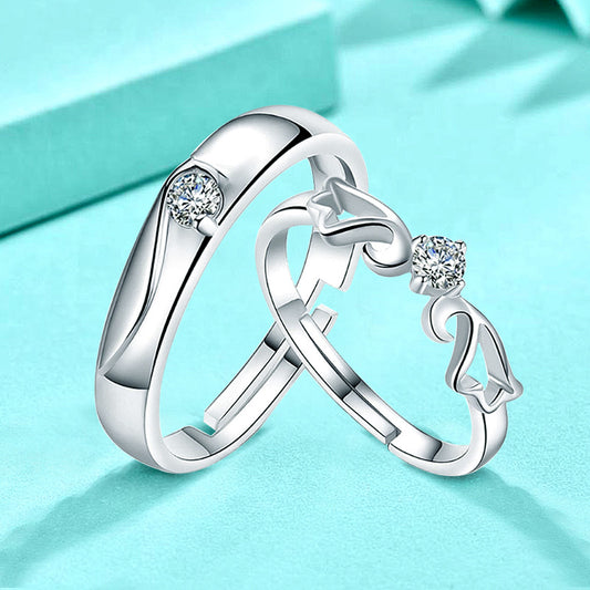925 Sterling Silver Wing Couple Rings with Zircon - Adjustable Korean-Inspired Matching Bands