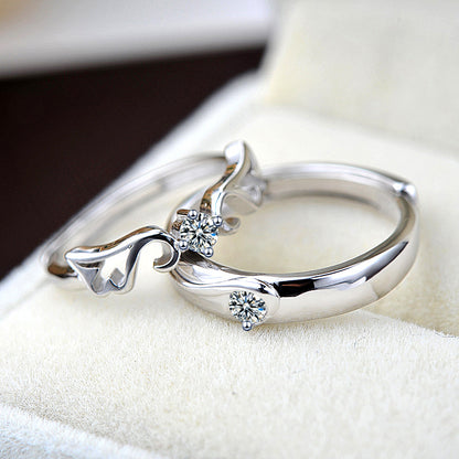 925 Sterling Silver Wing Couple Rings with Zircon - Adjustable Korean-Inspired Matching Bands