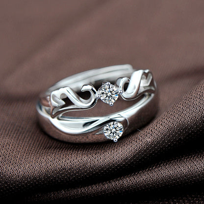 925 Sterling Silver Wing Couple Rings with Zircon - Adjustable Korean-Inspired Matching Bands