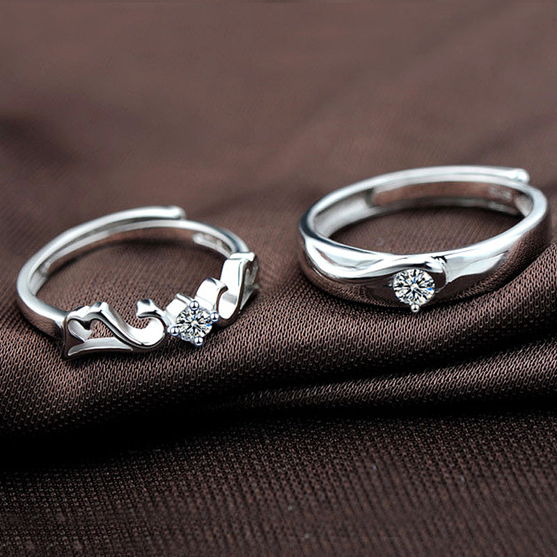 925 Sterling Silver Wing Couple Rings with Zircon - Adjustable Korean-Inspired Matching Bands
