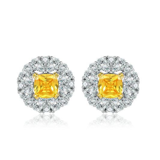 925 Sterling Silver Yellow Zircon Floral Earrings for Women Elegant Star Flower Stud Earrings White Gold Plated