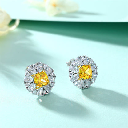 925 Sterling Silver Yellow Zircon Floral Earrings for Women Elegant Star Flower Stud Earrings White Gold Plated