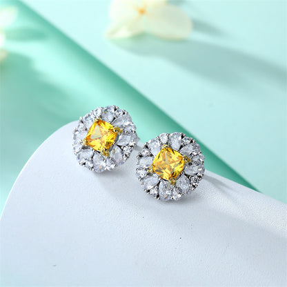 925 Sterling Silver Yellow Zircon Floral Earrings for Women Elegant Star Flower Stud Earrings White Gold Plated