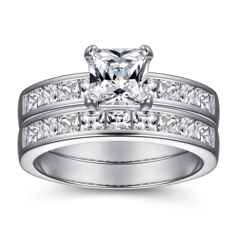 925 Sterling Silver Zircon Engagement Ring Set - Square Cut Wedding Band Jewelry for Women
