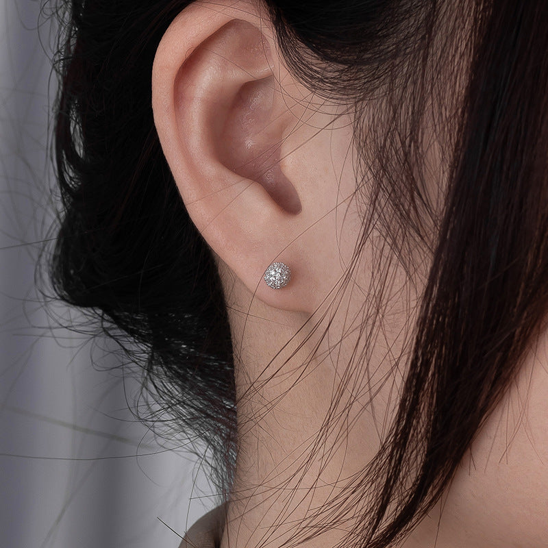 925 Sterling Silver 'Fu' Character Stud Earrings with CZ - Chinese Style Blessing Earrings for Women