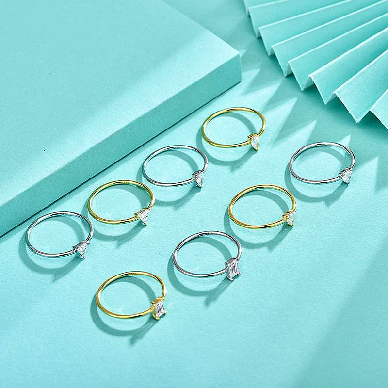 925 Silver Heart Shaped Ring with Teardrop/Heart/Triangle/Rectangle Zircon Stones Rhodium Plated Edgy Feminine Jewelry US Size 6-8