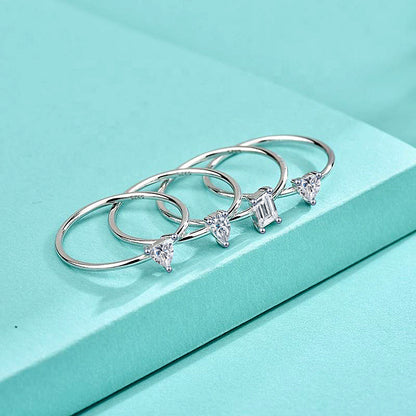 925 Silver Heart Shaped Ring with Teardrop/Heart/Triangle/Rectangle Zircon Stones Rhodium Plated Edgy Feminine Jewelry US Size 6-8