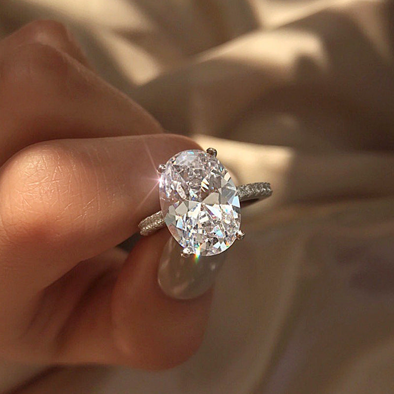 925 Silver Oval Geometric Zircon Ring Rhodium Plated Women's Fashion Jewelry US Size 6-9