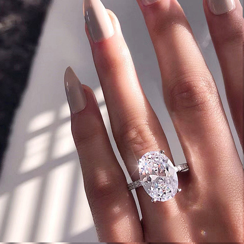 925 Silver Oval Geometric Zircon Ring Rhodium Plated Women's Fashion Jewelry US Size 6-9