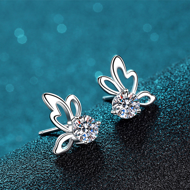 925 Sterling Silver 4-Prong Butterfly Moissanite Stud Earrings - 0.6CT/1CT with Zircon Accents