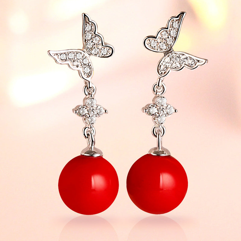 925 Sterling Silver Butterfly Pearl Drop Earrings – Elegant Red Pearl & Silver Dangle Jewelry