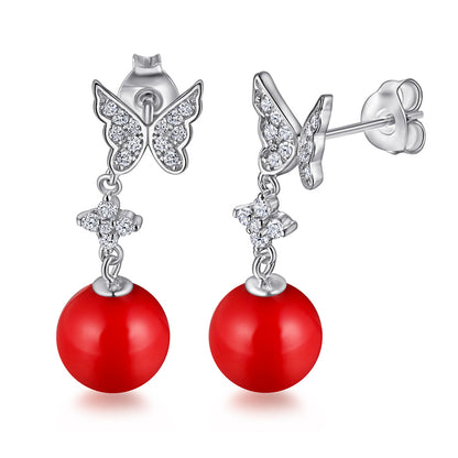 925 Sterling Silver Butterfly Pearl Drop Earrings – Elegant Red Pearl & Silver Dangle Jewelry